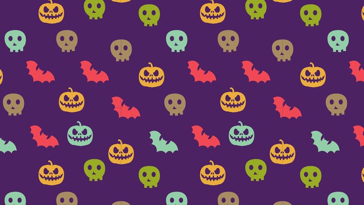 Halloween pumpkins and bats and skulls