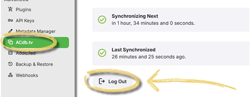 Click Log Out on the ACdb Emby Plugin